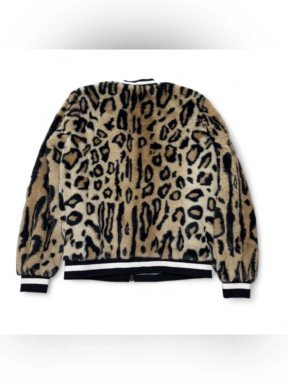 Justice Girls Size 12 Faux Fur Animal Print Zip Bomber Jacket Black Trim